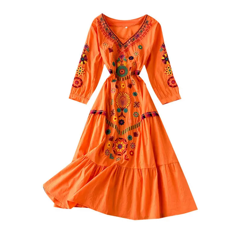 Women's Boho Embroidered V-Neck Loose Ruffle Long Skirt Elegant Emporium Women's Boho Embroidered V-Neck Loose Ruffle Long Skirt Boho Dress Elegant Emporium
