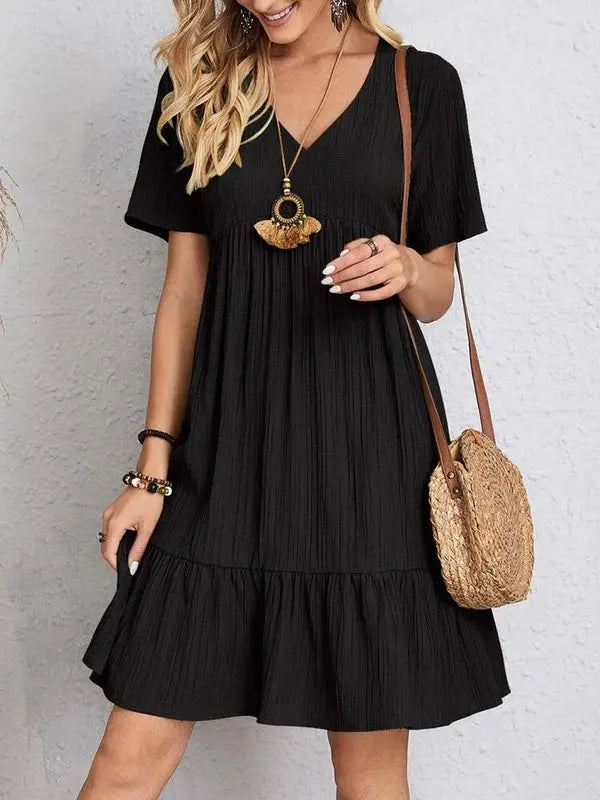 V-neck Short Sleeve Dress Summer Fashion Casual Loose Ruffled Dresses Beach Clothing Women Elegant Emporium V-neck Short Sleeve Dress Summer Fashion Casual Loose Ruffled Dresses Beach Clothing Women Boho Dress Elegant Emporium