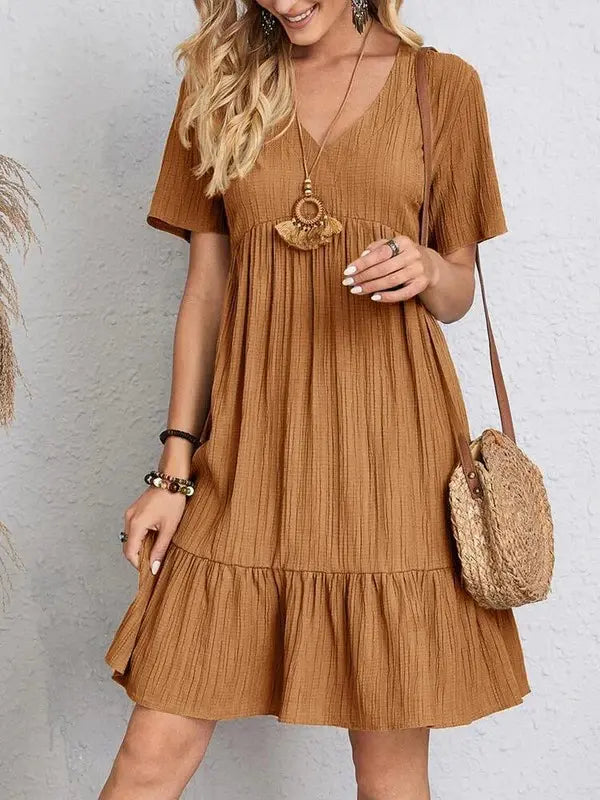 V-neck Short Sleeve Dress Summer Fashion Casual Loose Ruffled Dresses Beach Clothing Women Elegant Emporium V-neck Short Sleeve Dress Summer Fashion Casual Loose Ruffled Dresses Beach Clothing Women Boho Dress Elegant Emporium