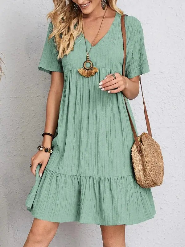 V-neck Short Sleeve Dress Summer Fashion Casual Loose Ruffled Dresses Beach Clothing Women Elegant Emporium V-neck Short Sleeve Dress Summer Fashion Casual Loose Ruffled Dresses Beach Clothing Women Boho Dress Elegant Emporium
