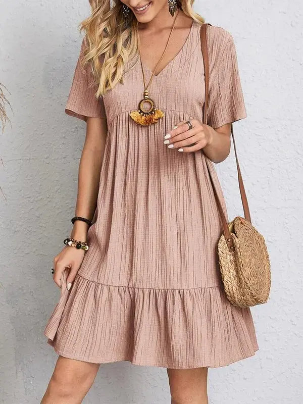 V-neck Short Sleeve Dress Summer Fashion Casual Loose Ruffled Dresses Beach Clothing Women Elegant Emporium V-neck Short Sleeve Dress Summer Fashion Casual Loose Ruffled Dresses Beach Clothing Women Boho Dress Elegant Emporium