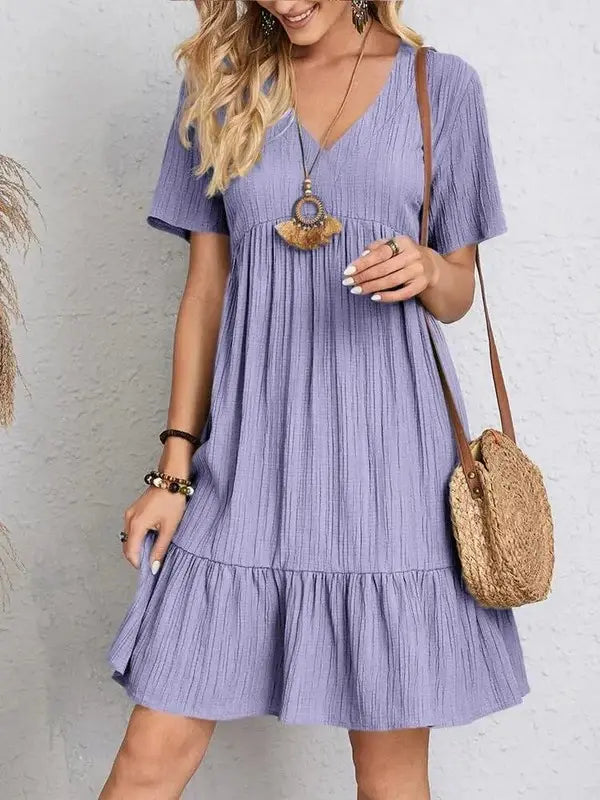 V-neck Short Sleeve Dress Summer Fashion Casual Loose Ruffled Dresses Beach Clothing Women Elegant Emporium V-neck Short Sleeve Dress Summer Fashion Casual Loose Ruffled Dresses Beach Clothing Women Boho Dress Elegant Emporium