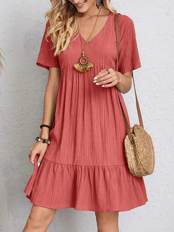 V-neck Short Sleeve Dress Summer Fashion Casual Loose Ruffled Dresses Beach Clothing Women Elegant Emporium V-neck Short Sleeve Dress Summer Fashion Casual Loose Ruffled Dresses Beach Clothing Women Boho Dress Elegant Emporium