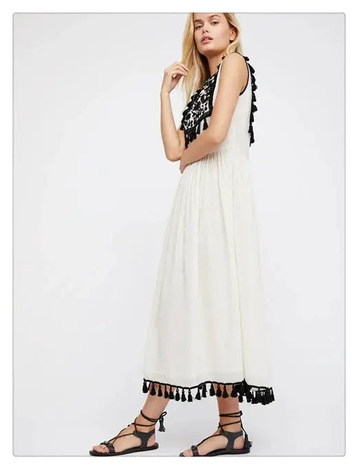 Embroidered Sleeveless Tassel Midi Dress – Boho Summer Style Elegant Emporium