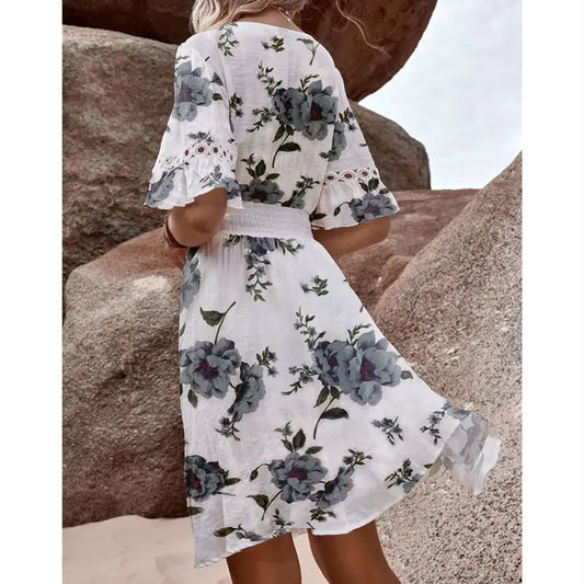 V-neck Print Lace Bohemian Dress Elegant Emporium