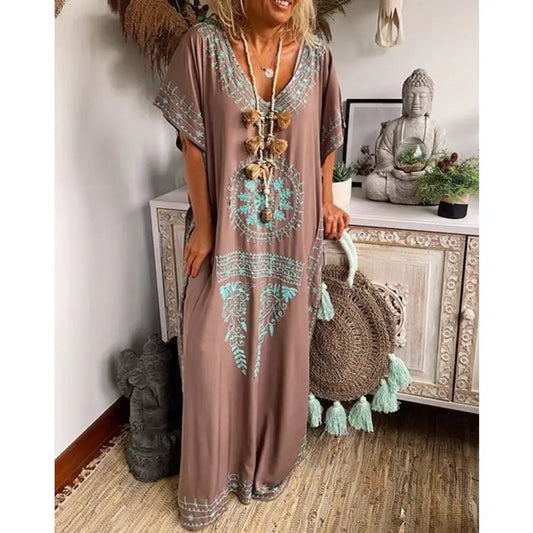 Loose V Neck Boho Print Dress Maxi Dress Elegant Emporium Loose V Neck Boho Print Dress Maxi Dress Boho Dress  Elegant Emporium