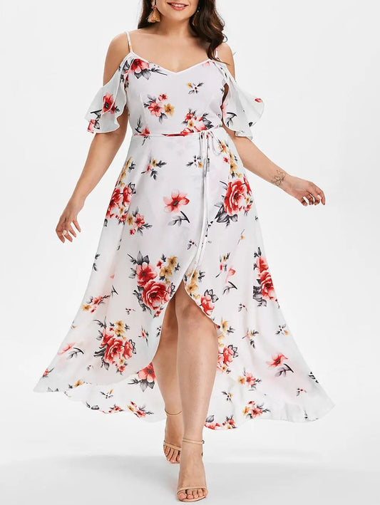Plus Size Cold Shoulder Floral Midi Dress – Summer Wrap Style for Women Elegant Emporium
