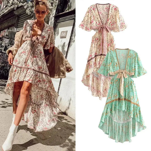 Bohemian Waist Print Dress Elegant Emporium