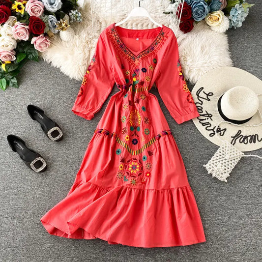Women's Boho Embroidered V-Neck Loose Ruffle Long Skirt Elegant Emporium Women's Boho Embroidered V-Neck Loose Ruffle Long Skirt Boho Dress  Elegant Emporium