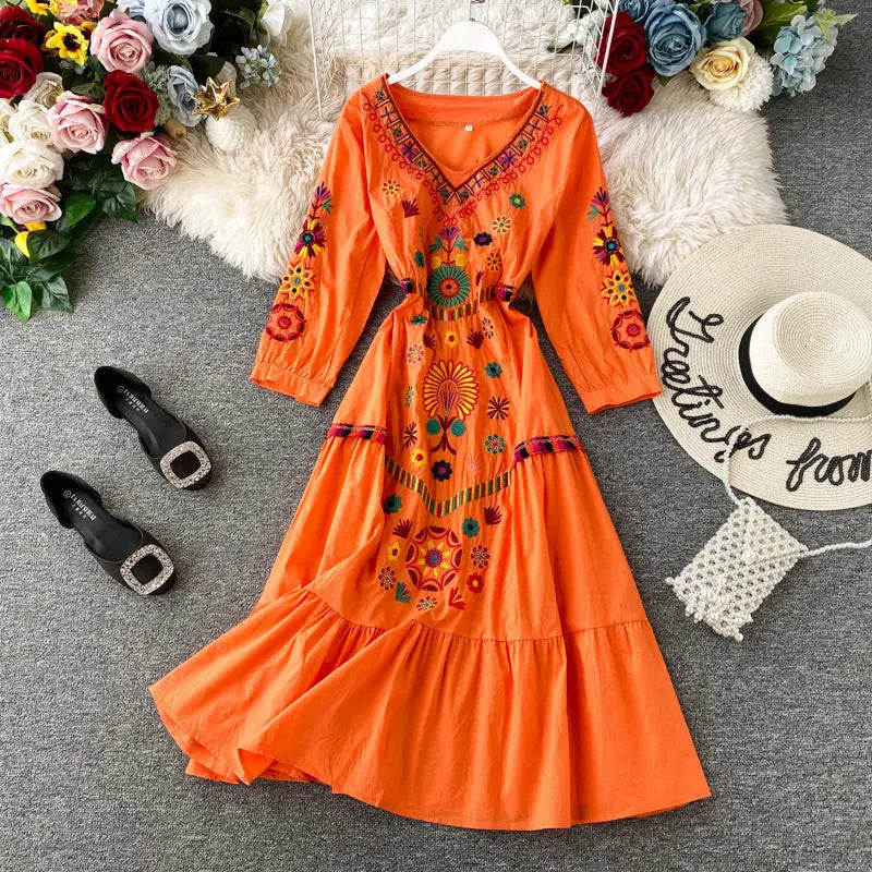 Women's Boho Embroidered V-Neck Loose Ruffle Long Skirt Elegant Emporium Women's Boho Embroidered V-Neck Loose Ruffle Long Skirt Boho Dress 30.95 Elegant Emporium Orange-M