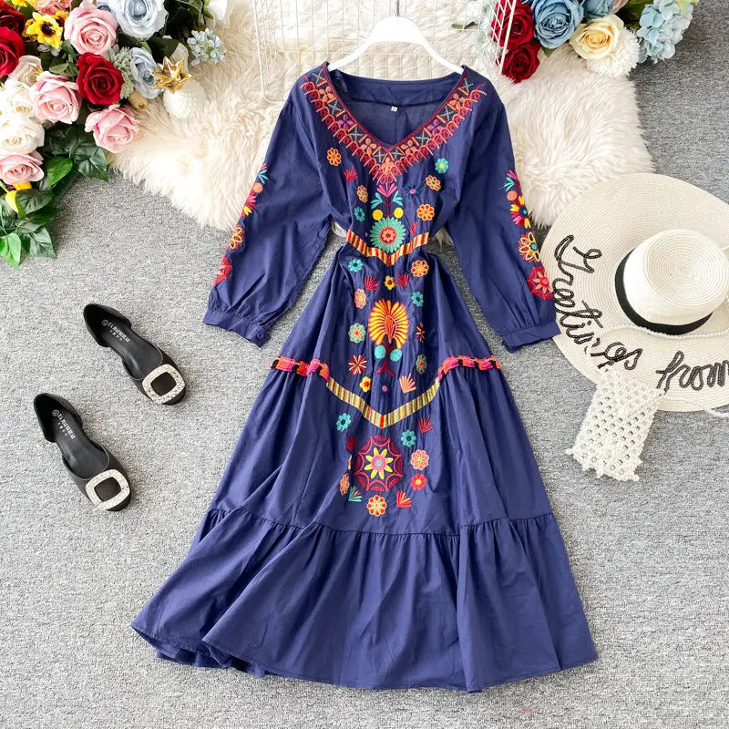Women's Boho Embroidered V-Neck Loose Ruffle Long Skirt Elegant Emporium Women's Boho Embroidered V-Neck Loose Ruffle Long Skirt Boho Dress 30.95 Elegant Emporium Royal-M