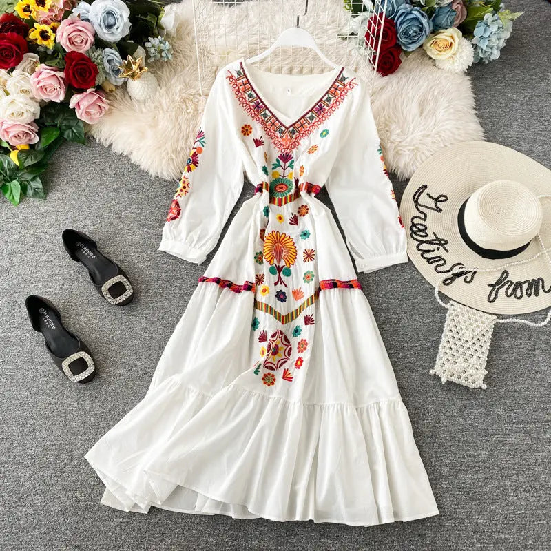 Women's Boho Embroidered V-Neck Loose Ruffle Long Skirt Elegant Emporium Women's Boho Embroidered V-Neck Loose Ruffle Long Skirt Boho Dress 30.95 Elegant Emporium White-M