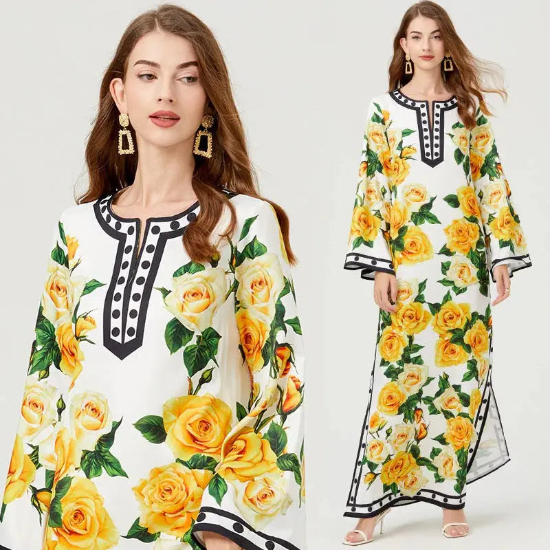 Boho Chic Yellow Floral Maxi Dress – Elegant Long Sleeve Caftan for Women Elegant Emporium
