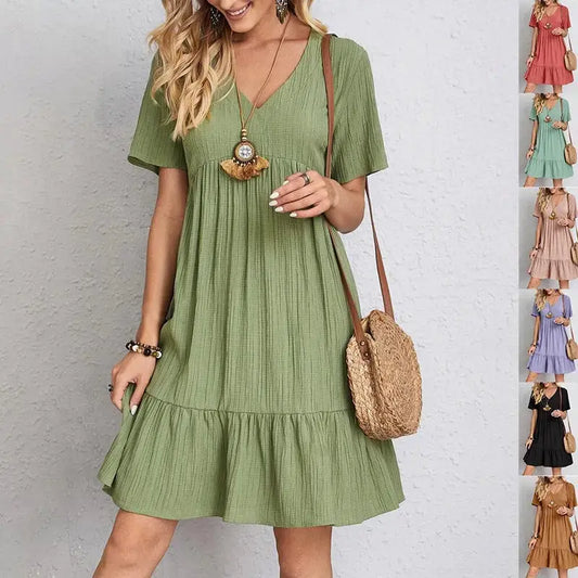 V-neck Short Sleeve Dress Summer Fashion Casual Loose Ruffled Dresses Beach Clothing Women Elegant Emporium V-neck Short Sleeve Dress Summer Fashion Casual Loose Ruffled Dresses Beach Clothing Women Boho Dress  Elegant Emporium
