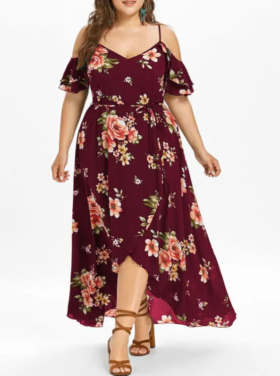 Plus Size Cold Shoulder Floral Midi Dress – Summer Wrap Style for Women Elegant Emporium