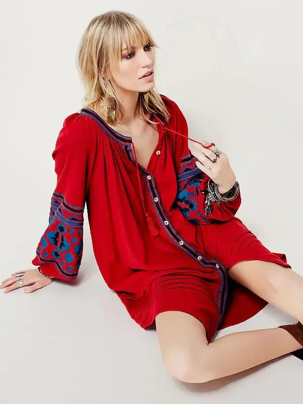 Boho Embroidered Long Sleeve Button Down Tunic Dress with Tassels Elegant Emporium